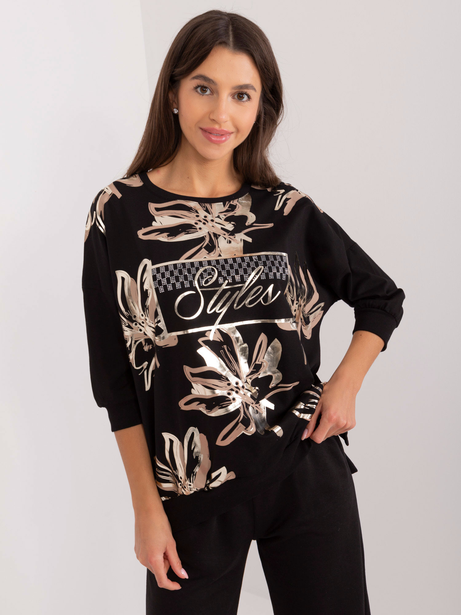 Čierne vzorované tričko s 3/4 rukávom RV-BZ-9421.99-black Veľkosť: ONE SIZE