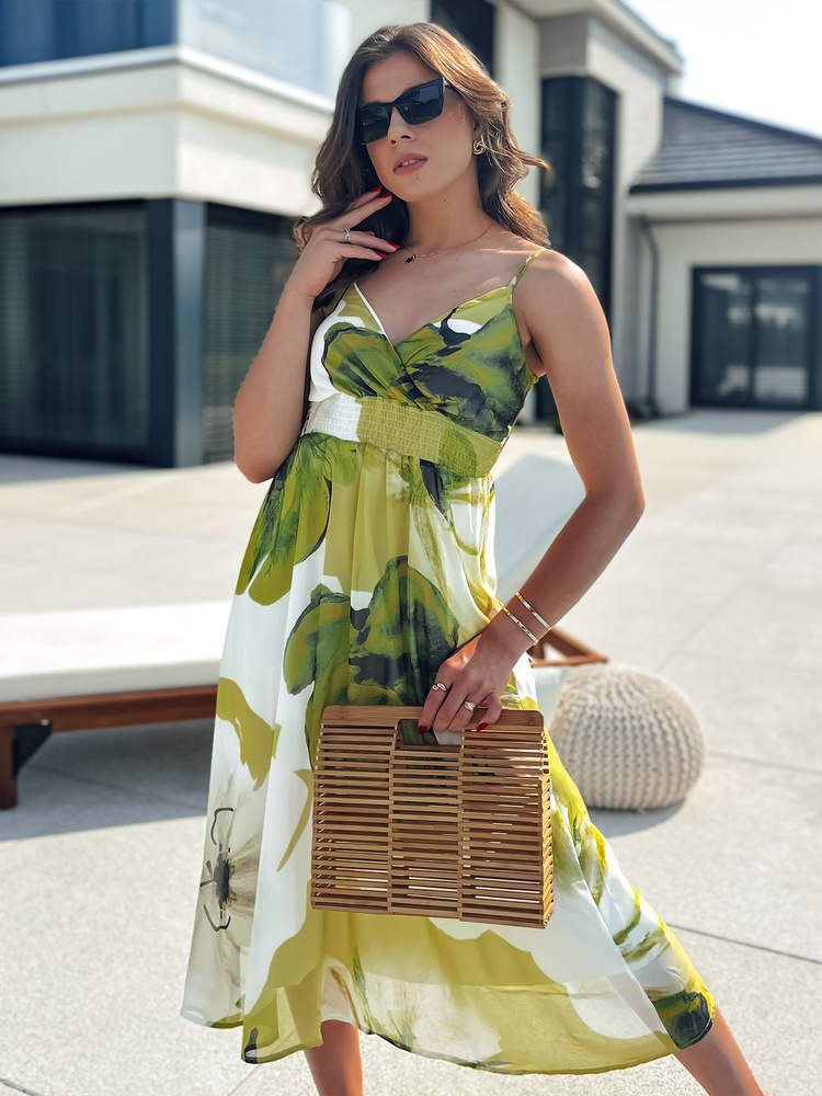 Bielo-zelené kvetinové midi šaty SERENA EY2489 Veľkosť: S