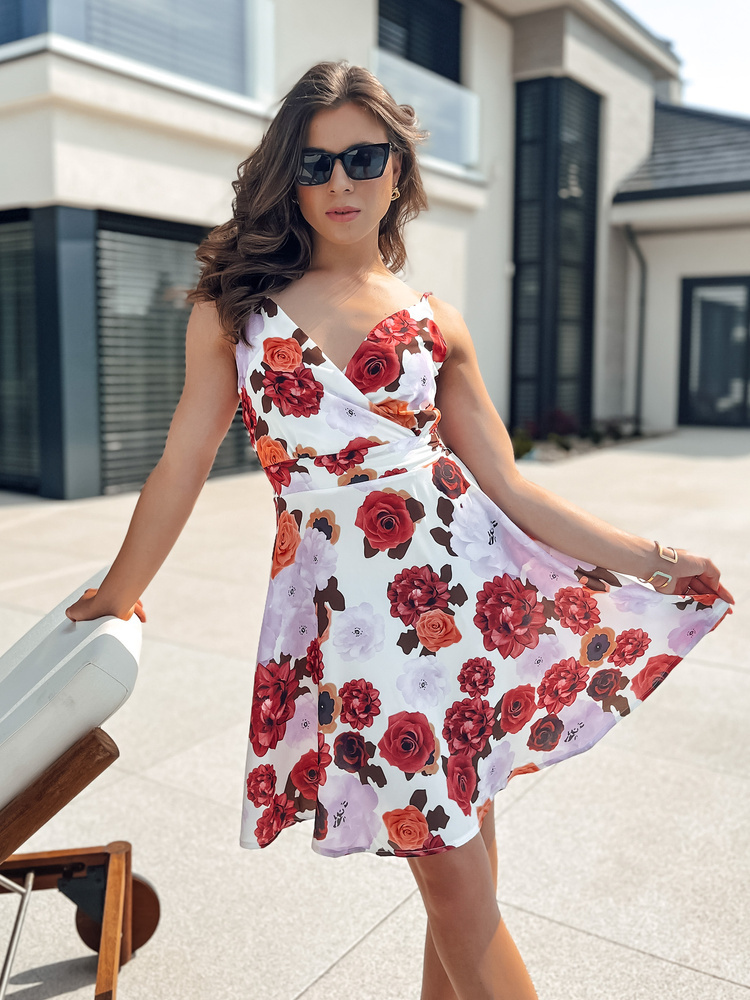 Biele šaty s červenými ružami LUMINA EY2488 Veľkosť: S