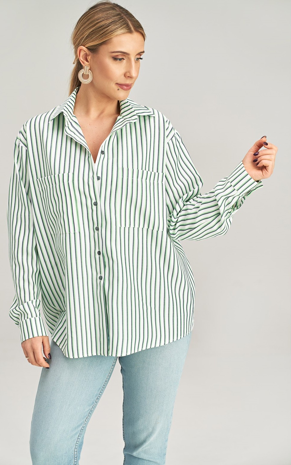 Bielo-zelená pruhovaná košeľa s dlhým rukávom M1024 Pattern 181 Veľkosť: S/M