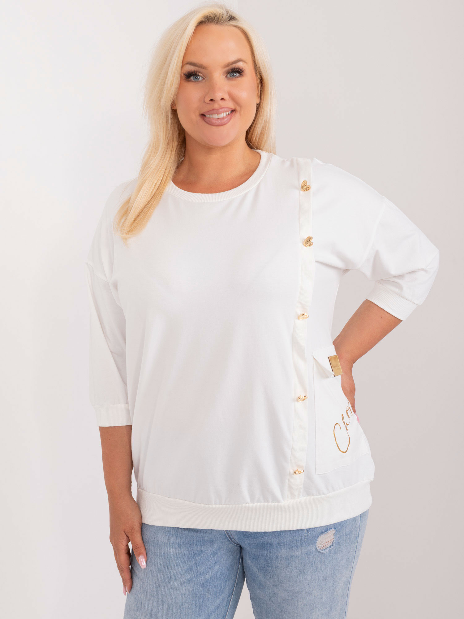 Smotanová blúzka s ozdobnými gombíkmi RV-BZ-9540.23X-ecru Veľkosť: ONE SIZE