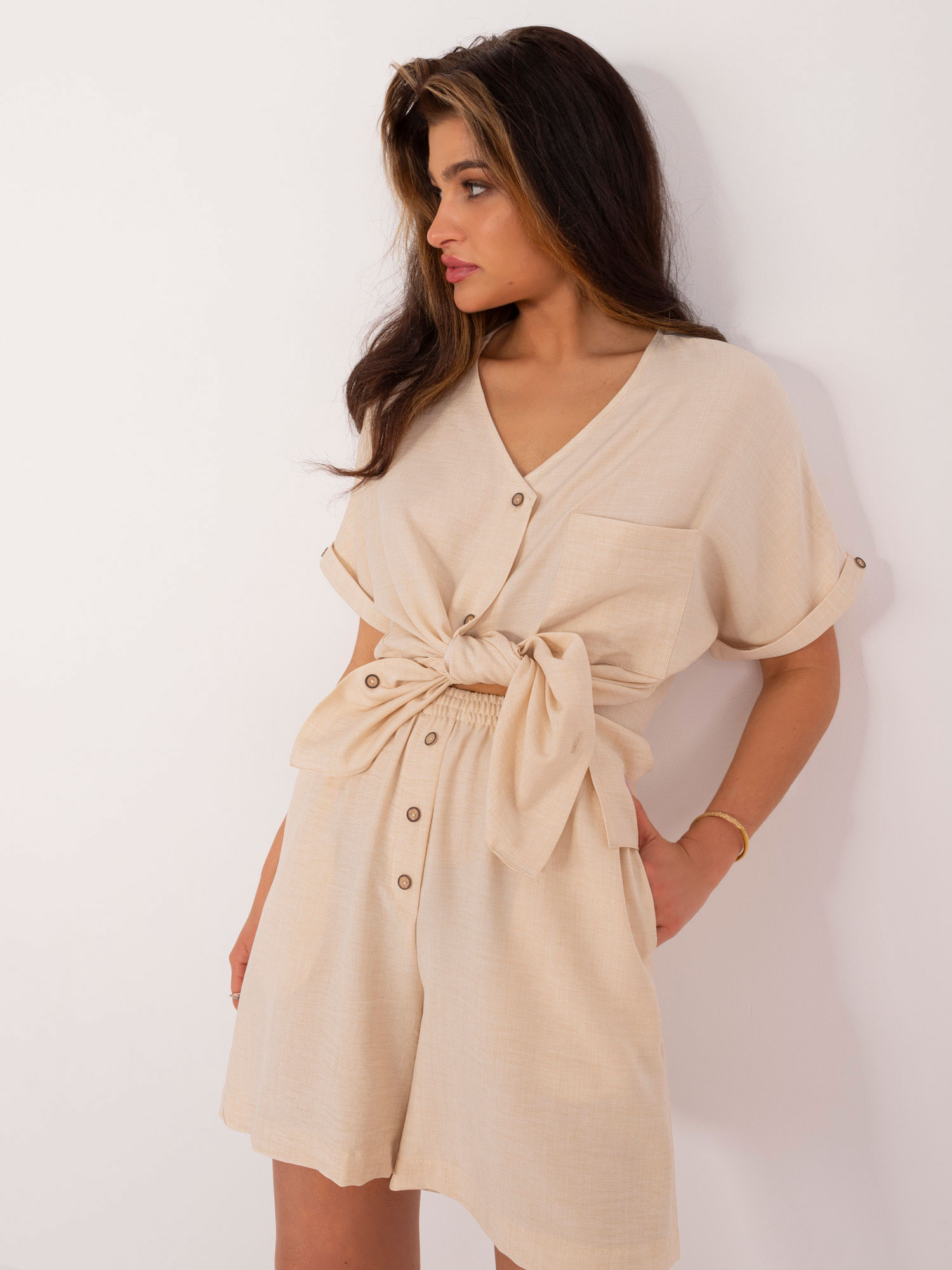 Béžová letná súprava s blúzkou a šortkami LK-KMPL-509713.03X-light beige Veľkosť: S/M