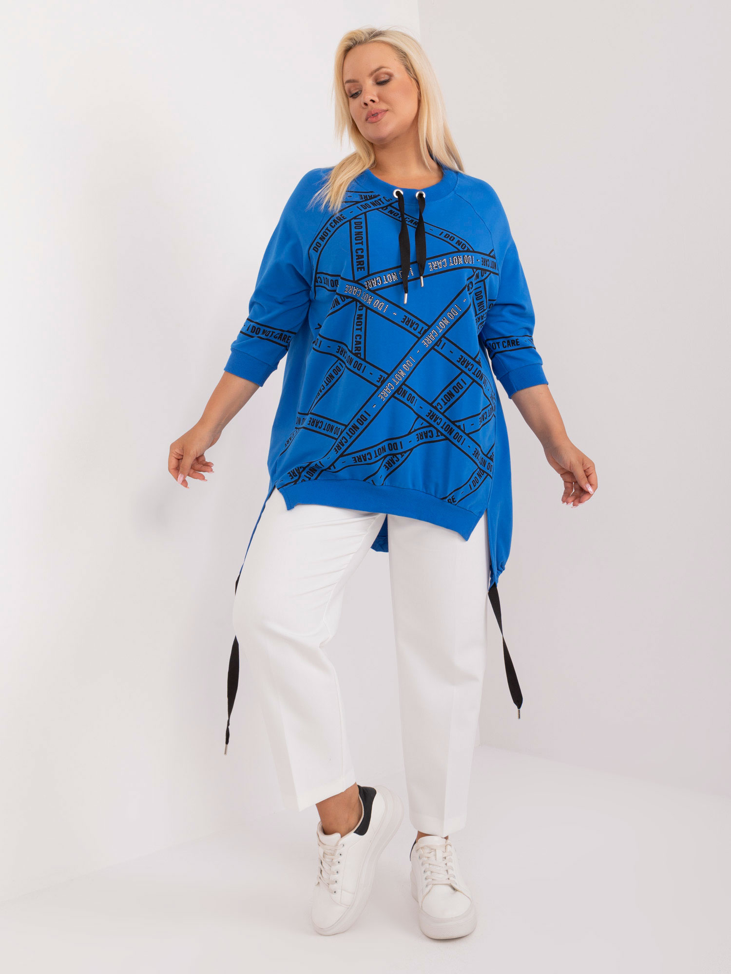 Modrá mikinová tunika s potlačou a 3/4 rukávom RV-TU-7598.94-blue Veľkosť: ONE SIZE