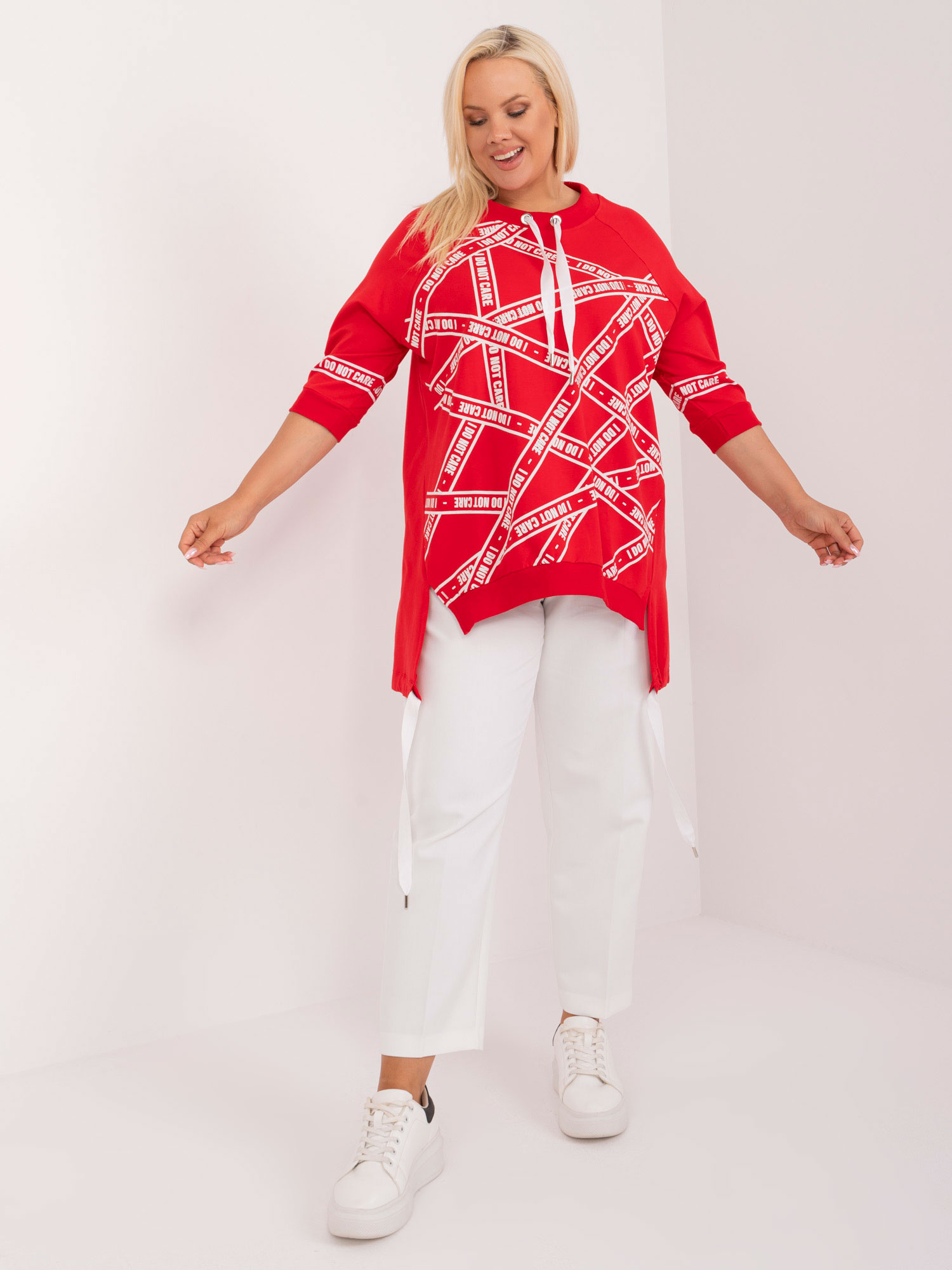 Červená mikinová tunika s potlačou a 3/4 rukávom RV-TU-7598.94-red Veľkosť: ONE SIZE