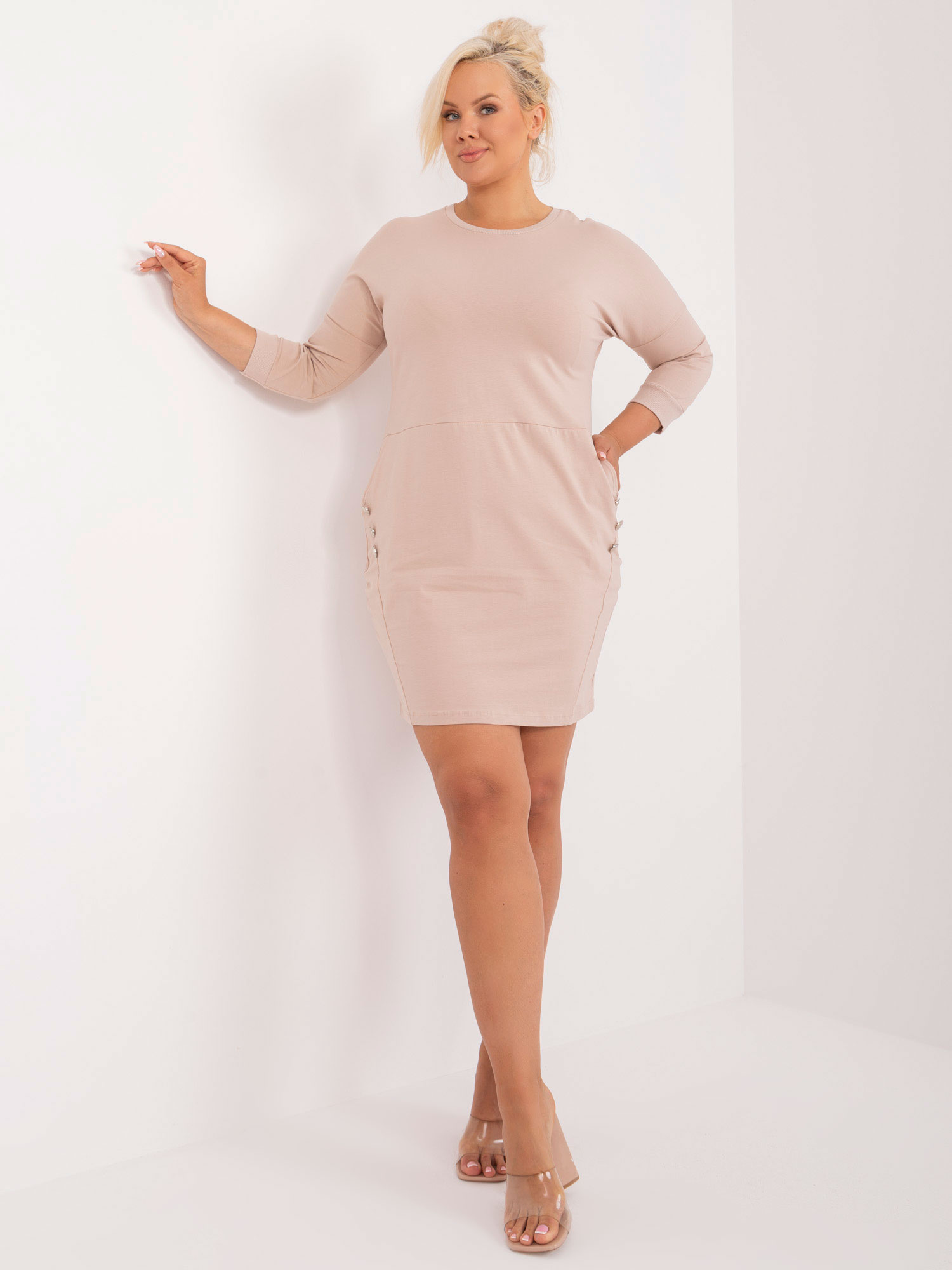 Béžové šaty s 3/4 rukávom a vreckami -RV-SK-9390.32-beige Veľkosť: ONE SIZE