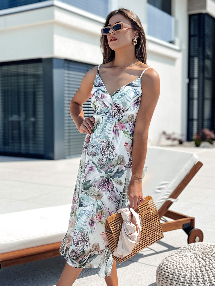 Biele kvetinové midi šaty SERENA EY2530 Veľkosť: XS