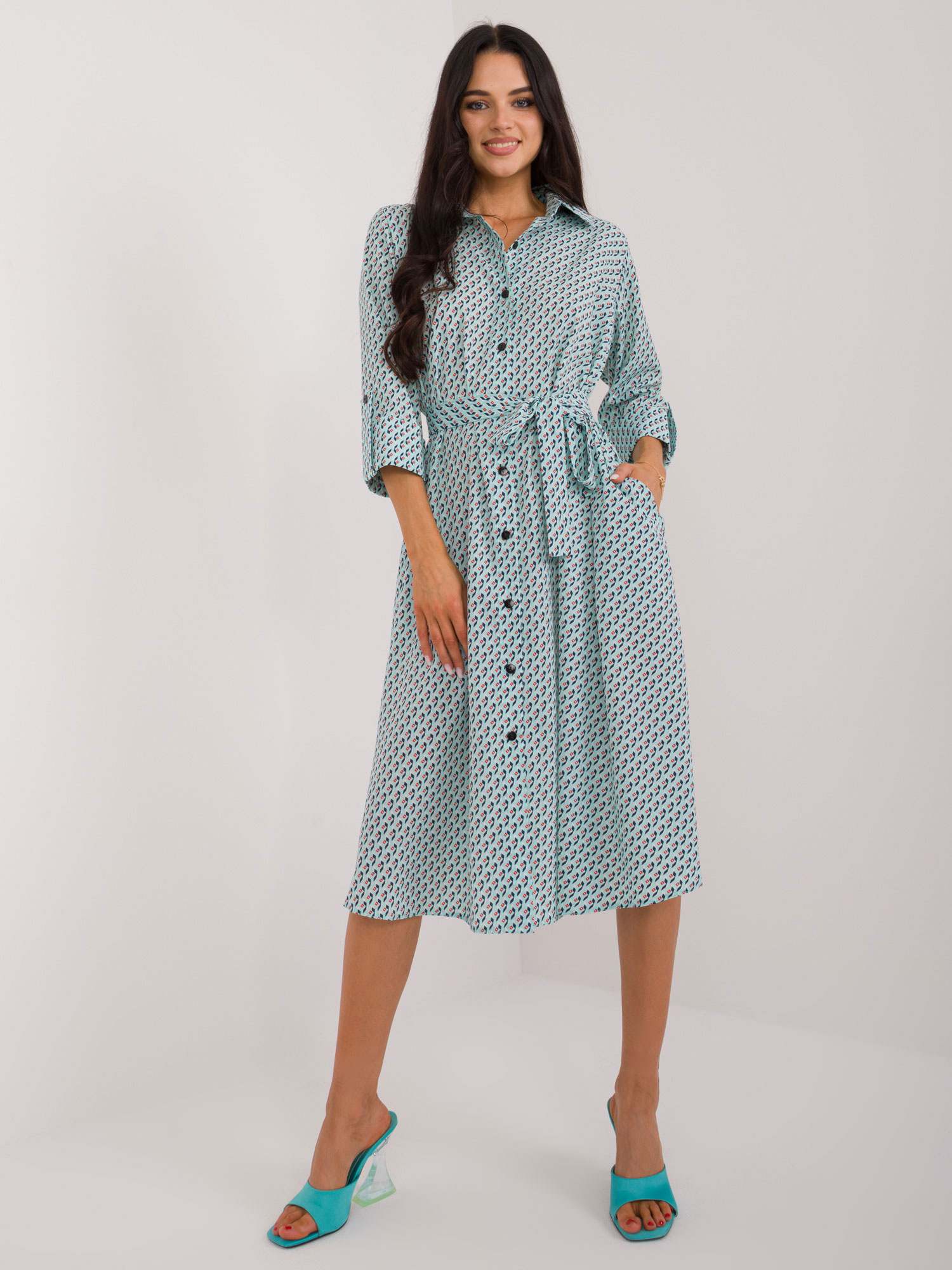Bielo-mintové košeľové midi šaty so vzormi -LK-SK-509673.13-mietowy Veľkosť: L/XL