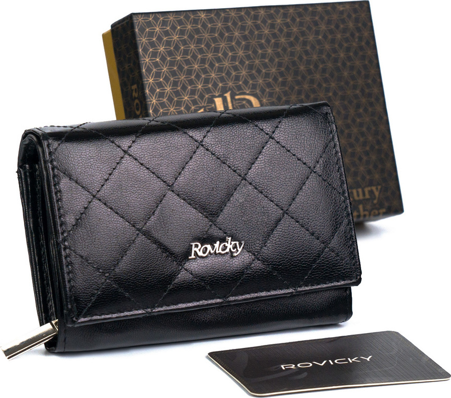 Rovicky Čierna malá dámska kožená prešívaná peňaženka V136 [DH] R-RD-02-GCL-Q Veľkosť: ONE SIZE