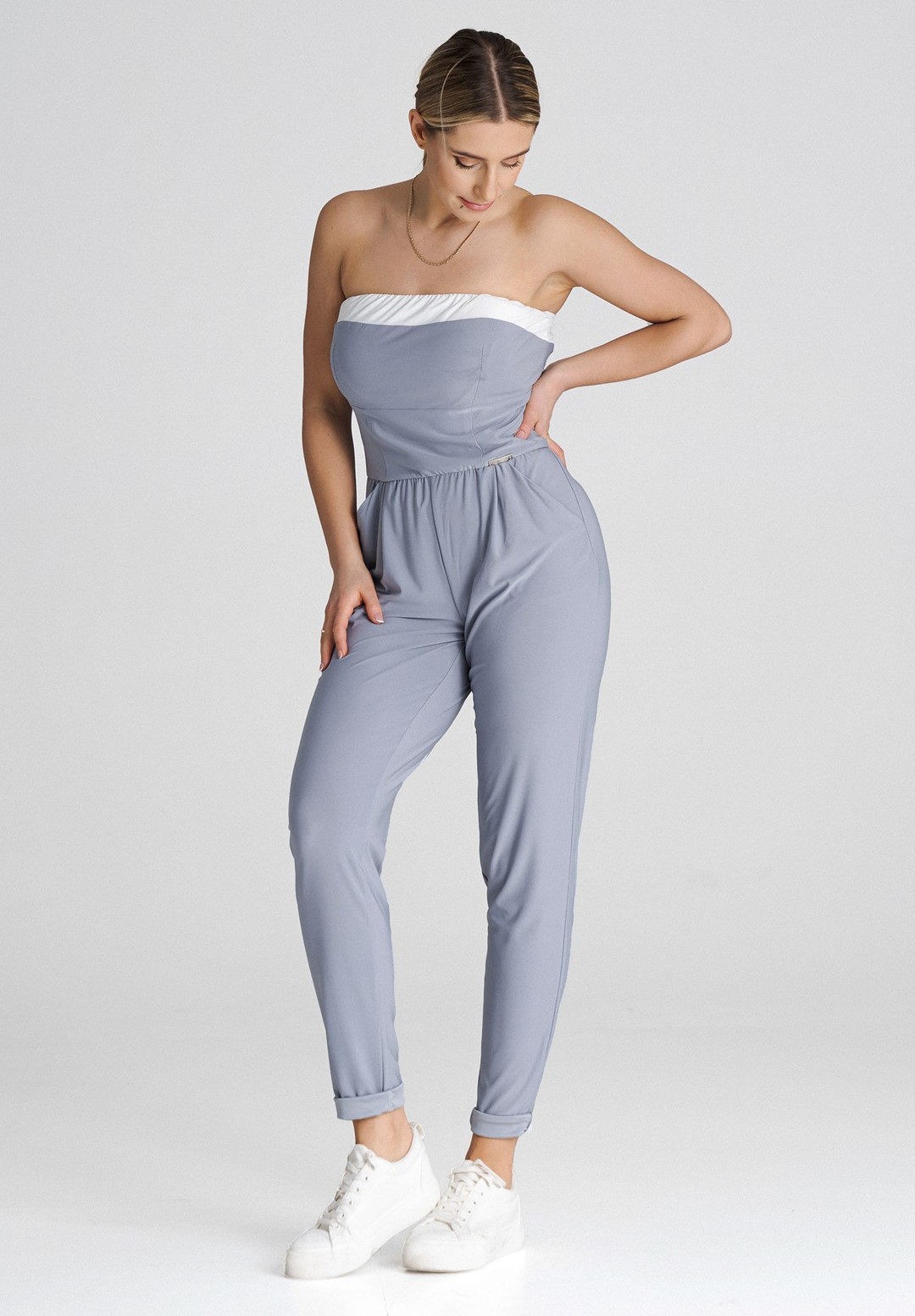 Sivý elegantný overal bez ramienok M1025 grey Veľkosť: L