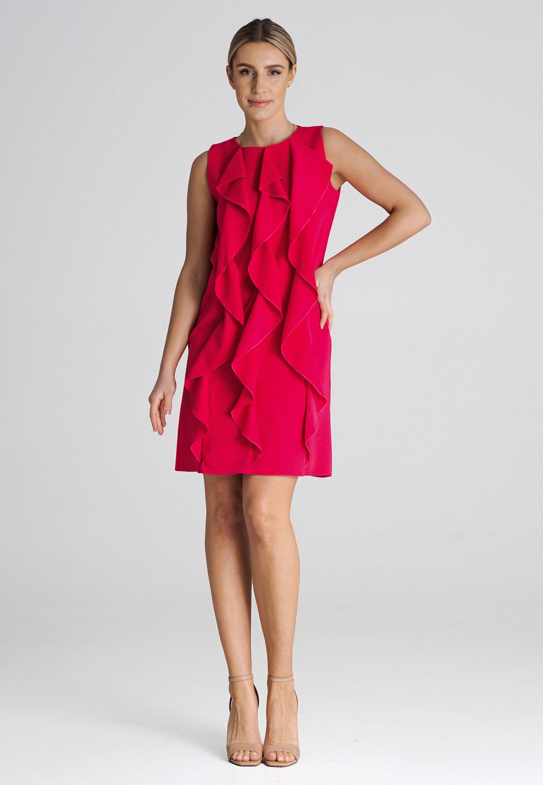 Tmavoružové mini šaty s volánikmi M1002 Fuchsia Veľkosť: S