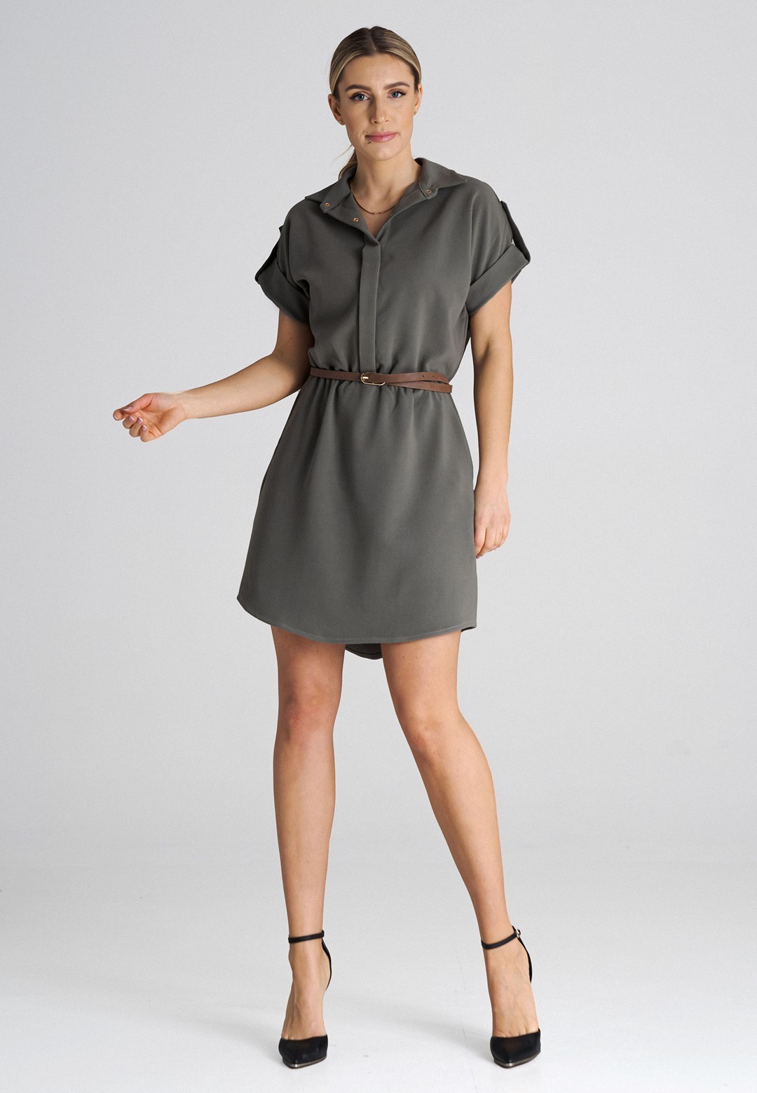 Khaki košeľové mini šaty M1001 olive Veľkosť: XL