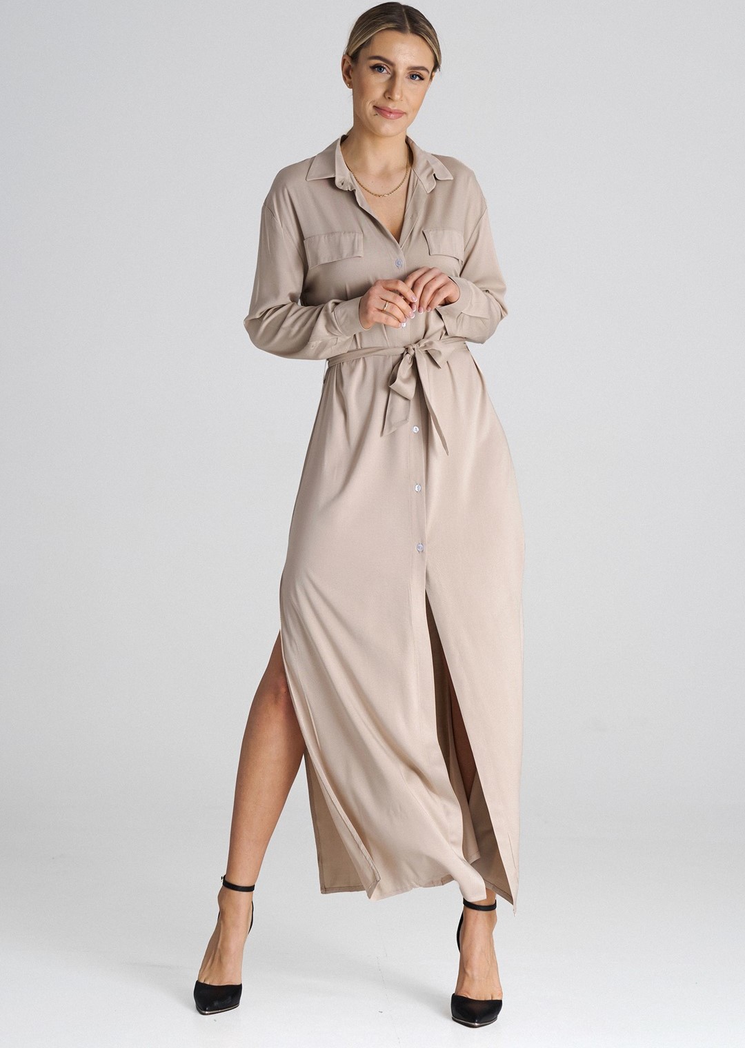 Béžové košeľové maxi šaty M1000 Beige Veľkosť: S