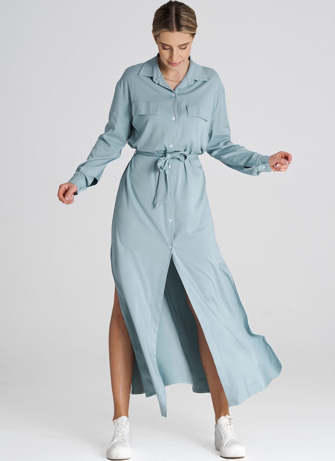 Svetlomodré košeľové maxi šaty M1000 mint Veľkosť: M