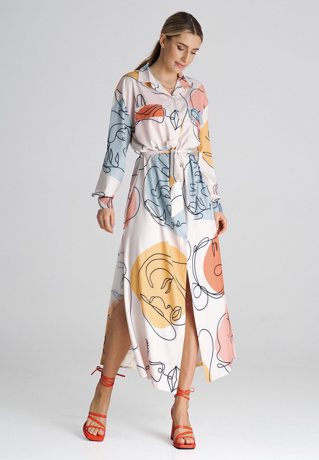 Smotanové košeľové maxi šaty so vzorom M1000 Pattern 123 Veľkosť: M