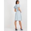 Svetlomodré koktailové midi šaty s balónovými rukávmi a potlačou