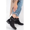 Čierne semišové dámske členkové topánky s ozdobným pásikom, podpätok 3 cm