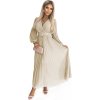 Skladané béžové šifónové šaty s dlhými rukávmi a pásikom KLARA