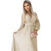 Skladané béžové šifónové šaty s dlhými rukávmi a pásikom KLARA