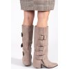 Béžové dámske semišové čižmy na stĺpiku s prackami, podpätok 7,5 cm