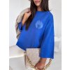 Modrý dámsky oversize sveter s ozdobným brmbolcom GAIA (Veľkosť ONE SIZE)