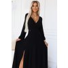 Čierne lesklé dlhé šaty s výstrihom a dlhými rukávmi