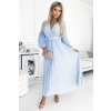Skladané svetlo modré šifónové šaty s dlhými rukávmi a pásikom KLARA