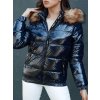 Tmavomodrá dámska lesklá bunda s kožúškom MELANI