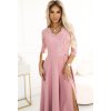Elegantné púdrovo ružové čipkové dlhé šaty s výstrihom ELISA