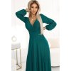 Fľašovo zelené lesklé dlhé šaty s výstrihom a dlhými rukávmi