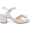 Strieborné dámske sandále s dekoratívnym prekladom na špičke, podpätok 6,5 cm