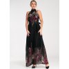Čierne dámske vzorované maxi šaty s odhalenými ramenami