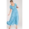 Modré letné maxi šaty s krátkymi balónovými rukávmi