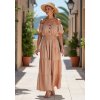 Béžové letné maxi šaty s krátkymi balónovými rukávmi