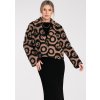 Béžovo-čierna vzorovaná dámska krátka fleecová bunda s golierom