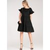 Čierne bavlnené mini šaty s volánmi na rukávoch a kabelkou na zlatej retiazke