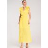 Žlté maxi šaty s výstrihom do V a ozdobnými volánikmi na ramenách