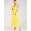 Žlté maxi šaty s výstrihom do V a ozdobnými volánikmi na ramenách
