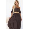 Čokoládovo hnedé boho maxi šaty s odhalenými ramenami a pleteným pásikom