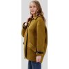 Horčicový dámsky vlnený kabát s ozdobnými kontrastným lemovaním