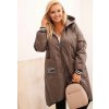 Tmavobéžová dámska plus size prešívaná bunda s kapucňou a manžetami