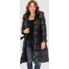 Čierny dámsky dlhý páperový kabát s pásikom
