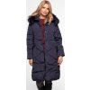 Tmavomodrý dámsky dlhý zimný prešívaný kabát