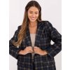 Tmavomodrý dámsky viskózový károvaný blejzer s ramennými vypchávkami