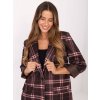 Hnedý dámsky viskózový károvaný blejzer s ramennými vypchávkami