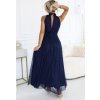 Tmavomodré lesklé luxusné dlhé šaty VERONICA s elegantným strihom
