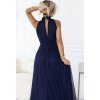 Tmavomodré lesklé luxusné dlhé šaty VERONICA s elegantným strihom