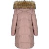 Pastelovo ružová dámska dlhá zimná bunda s kožušinou na kapucni