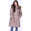 Pastelovo ružová dámska dlhá zimná bunda s kožušinou na kapucni