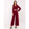 Vínový dámsky elegantný komplet s crop sakom a širokými nohavicami
