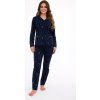Cornette Tmavomodré dámske dlhé pyžamo so zlatou vianočnou potlačou